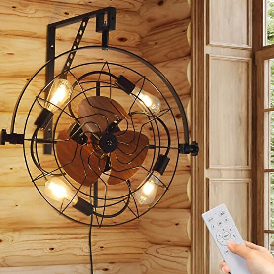 20" Wall Mounted Fan Indoor, Quiet 6 Speed Wall Mount Fan with Remote, Light and Timer, 360° Adjustable Tilt Vintage Plug in Ceiling Fan for Garage, Bedroom, Kitchen, Living Room, Greenhouse, Patio Vantilatörler Fiyatı