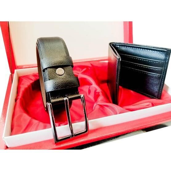 2K Siyah Deri Cüzdan - Kemer Özel Kutulu Kombin Seti