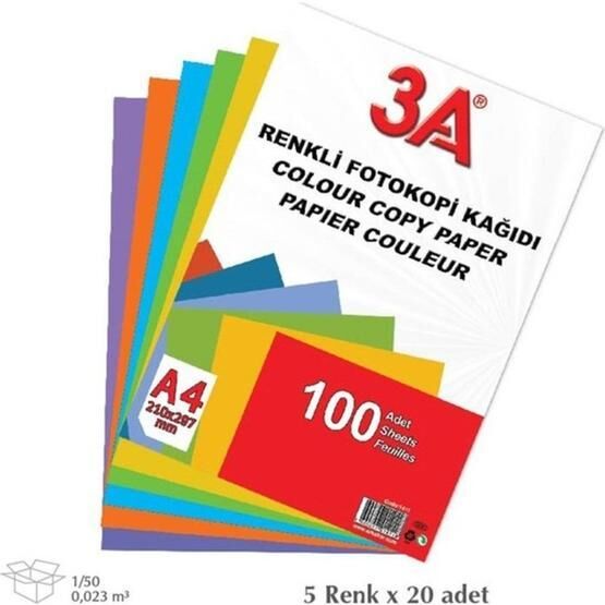 3A A4 5 Renk 100'lü Renkli Fotokopi Kağıdı