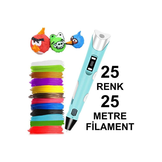 3D Mavi Kalem Yazıcı+25 Renk 25 Metre (25x1metre) Pla Filament Teknik Çizim ve Grafik Kalemi Fiyatı