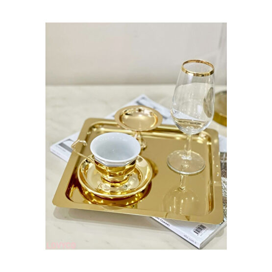 Abant 6 Adet Gold Altın Kare Paslanmaz Çelik Kahve Servis Sunum Tepsi & Tabağı (21X21CM) Tepsiler / Fırın Kapları Fiyatı