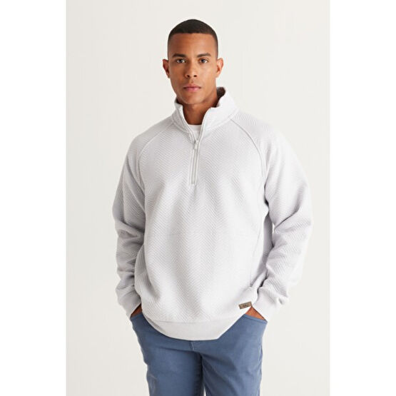 AC&Co / Altınyıldız Classics Erkek Açık Gri Loose Fit Bato Yaka Desenli Sweatshirt Erkek Sweatshirt Fiyatı