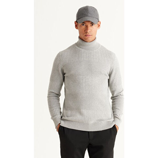AC&Co / Altınyıldız Classics Erkek Gri Melanj Recycle Standart Fit Normal Kesim Tam Balıkçı Yaka Pamuklu Jakarlı Triko Kazak Erkek Kazak & Süveter & Triko Fiyatı