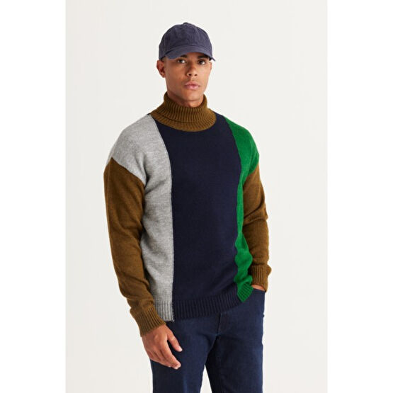 AC&Co / Altınyıldız Classics Erkek Haki-Lacivert Oversize Fit Bol Kesim Tam Balıkçı Yaka Triko Kazak Erkek Kazak & Süveter & Triko Fiyatı