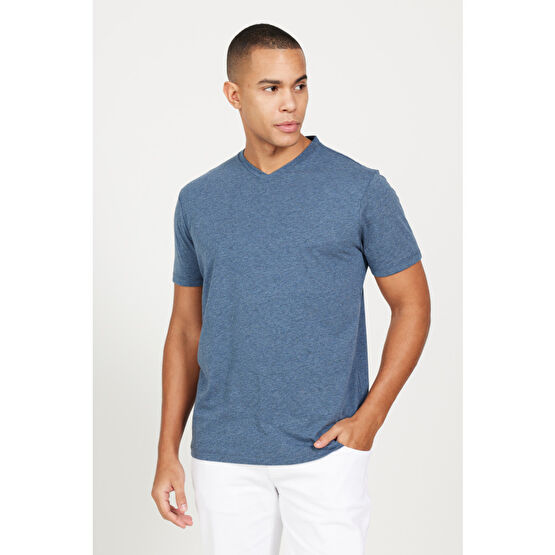 AC&Co / Altınyıldız Classics Erkek İndigo Melanj Slim Fit Dar Kesim V Yaka Pamuklu V Yaka Kısa Kollu Tişört S Beden