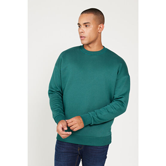 AC&Co / Altınyıldız Classics Erkek Koyu Yeşil Oversize Fit Bol Kesim Pamuklu Içi Polarlı 3 Iplik Bisiklet Yaka Sweatshirt XL Beden Bayan Sweatshirt Fiyatı