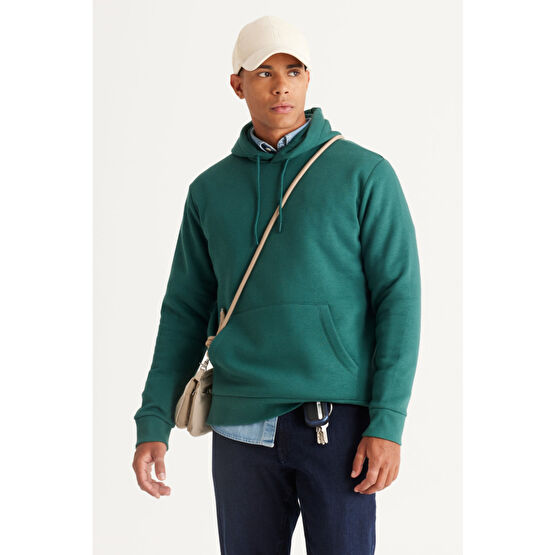 AC&Co / Altınyıldız Classics Erkek Koyu Yeşil Standart Fit Normal Kesim Içi Polarlı 3 Iplik Kapüşonlu Pamuklu Sweatshirt S Beden
