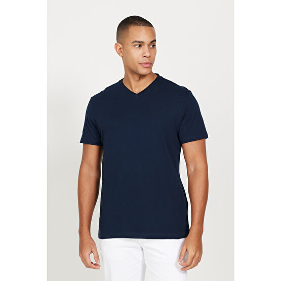 AC&Co / Altınyıldız Classics Erkek Lacivert Slim Fit Dar Kesim %100 Pamuk V Yaka Kısa Kollu Tişört L Beden Bayan T-shirt Fiyatı