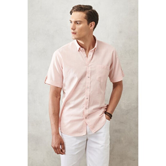 AC&Co / Altınyıldız Classics Erkek Pembe Comfort Fit Rahat Kesim Düğmeli Yaka Keten Görünümlü %100 Pamuk Kısa Kollu Gömlek Erkek Gömlek Fiyatı