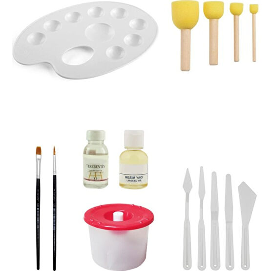 Acuto Godeli Palet Ponpon Fırça Seti Düz Yuvarlak Fırça Resim Yağı Terebentin Su Kabı Plastik Spatula Seti Yardımcı Malzeme Fiyatı