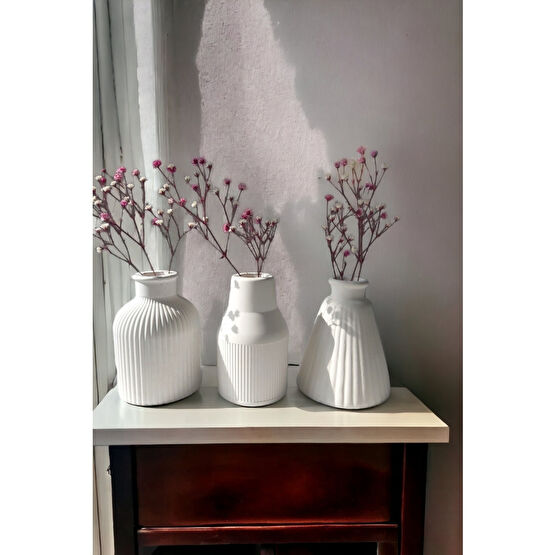 ALLEZA HOME Dekoratif Üçlü 10 Cm Minyatür Beton Iskandinav Tarz Minimal Pampas Kuru Çiçek Vazo Seti Vazo Fiyatı