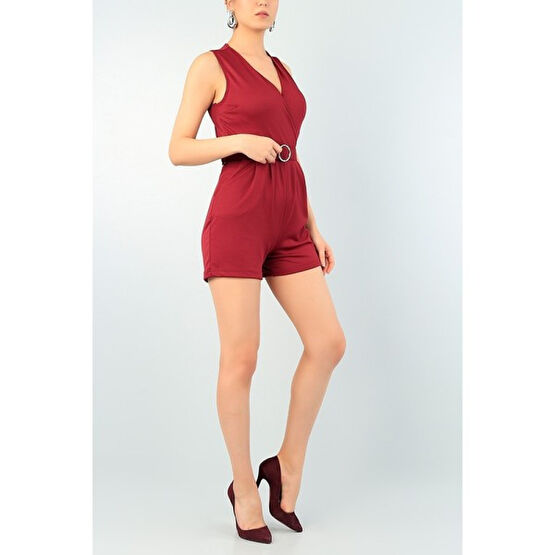 Arer Butik Kadın Bordo Açık Yaka Kemerli Kumaş Şort Tulum Bayan Tulum ve Salopet Fiyatı