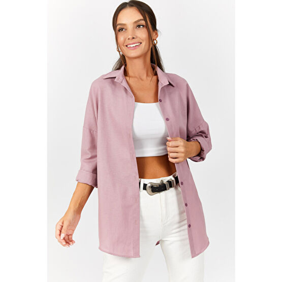 armonika Kadın Pembe Oversize Uzun Basic Gömlek Arm-22y001118 M Beden
