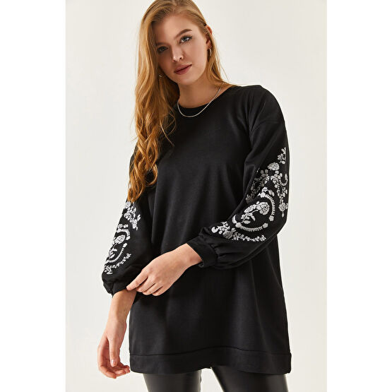 armonika Kadın Siyah Yuvarlak Yaka Kolu Kabartmalı Sweatshirt S/M Beden Tunik Fiyatı