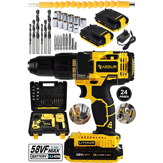 ASSUR 58 Vf 5 Ah Metal Şanzıman Çift Akülü Şarjlı Matkap 24 Parça Akülü Vidalama Set Akülü Vidalama Makinesi Fiyatı