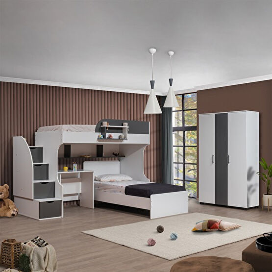 Aura Genç/çocuk Odası Takımı - Aura Ranza Karyola Masa 3 Kapaklı Dolap - 90 x 200 cm - Antrasit - Beyaz Ranza Fiyatı