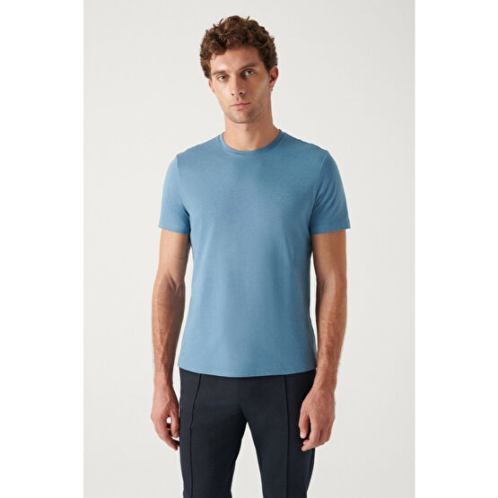 Avva Erkek Indigo %100 Pamuk Nefes Alan Bisiklet Yaka Standart Fit Normal Kesim T-shirt L Beden