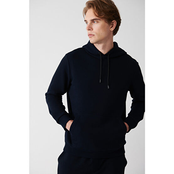 Avva Erkek Lacivert Kapüşonlu Yaka Polarlı 3 Iplik Pamuklu Regular Fit Standart Kesim Unisex Sweatshirt XS Beden
