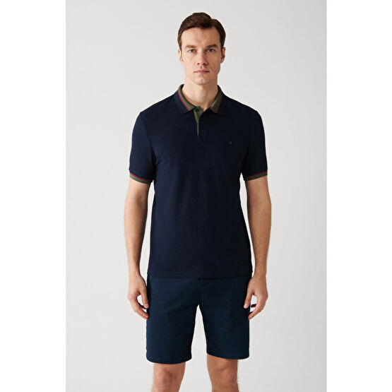 Avva Erkek Lacivert Yakası Çizgili %100 Pamuk Standart Fit Normal Kesim 2 Düğmeli Polo Yaka T-shirt E0010 S Beden Erkek T-shirt Fiyatı