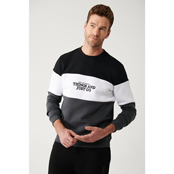 Avva Erkek Siyah-beyaz-antrasit Bisiklet Yaka Parçalı 3 Iplik Şardonlu Pamuklu Standart Fit Normal Kesim S Beden Bayan Sweatshirt Fiyatı