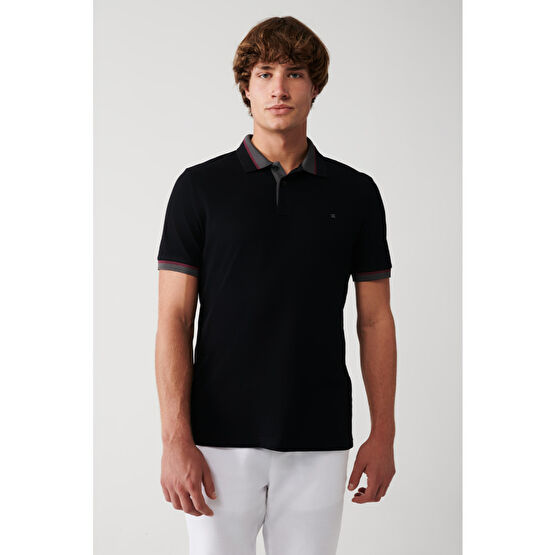 Avva Erkek Siyah Yakası Çizgili %100 Pamuk Standart Fit Normal Kesim 2 Düğmeli Polo Yaka T-Shirt S Beden Erkek T-shirt Fiyatı