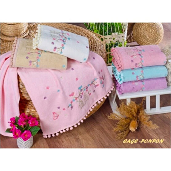 Ayhanhome 6'lı Kadife Kafes Nakışlı Ponponlu 50 x 90 cm   Cmkutulu Çeyizlik El Yüz Havlu Seti - Renkli El / Yüz Havlusu Fiyatı
