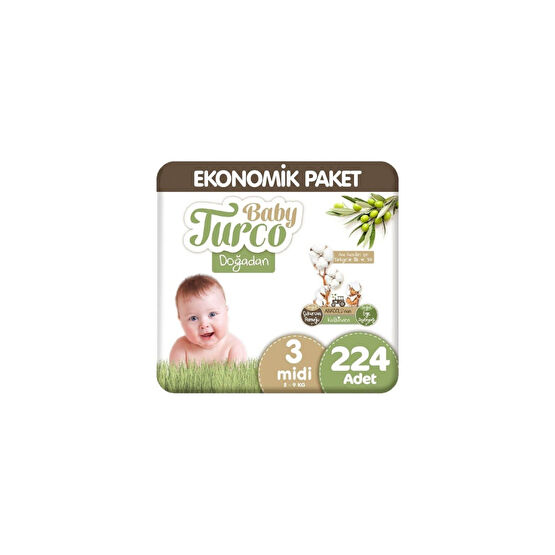 Baby Turco Doğadan Aylık Ekonomik Bebek Bezi 3 No Midi 224 Lü Bebek Bezi Fiyatı