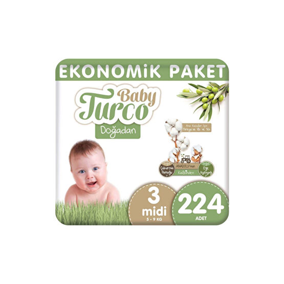 Baby Turco Doğadan Bebek Bezi Ekonomik Paket Midi 3 Numara 224 Adet Bebek Bezi Fiyatı