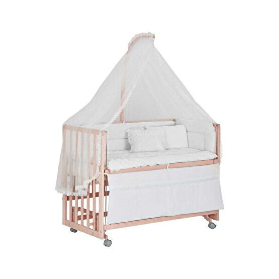 Babycom 60x120 CM Anne Yanı Naturel Tekerlekli Ahşap Beşik + Beyaz Uyku Seti Bebek Oyun Parkı & Beşikleri Fiyatı