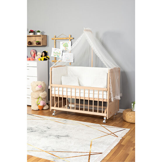 Bamgidoo Ahşap Beşik Anne Yanı Beşik Organik (BOYASIZ) 60x120 - Krem Güpür Uyku Seti Yatak Tekerlekli Beşik Fiyatı