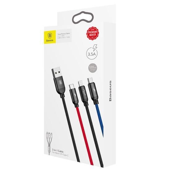 Baseus 3 in 1 3.5 A 1.2 mt Siyah Hızlı Şarj ve Data Kablosu