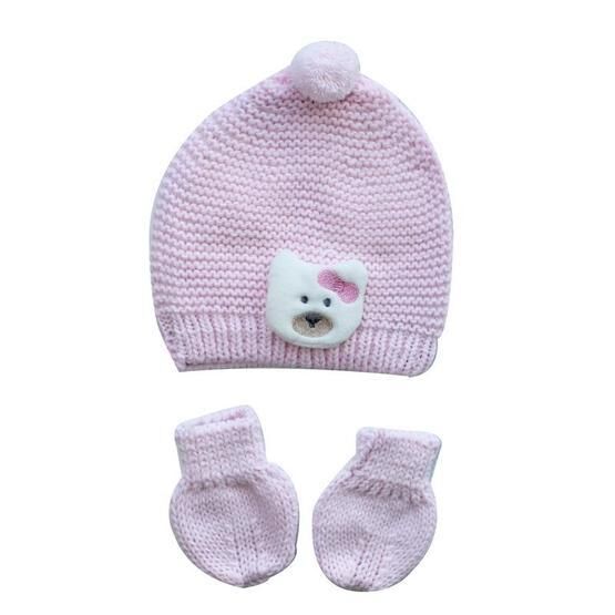 Bebegen Triko Pembe Ayıcıklı Eldiven Bere Set