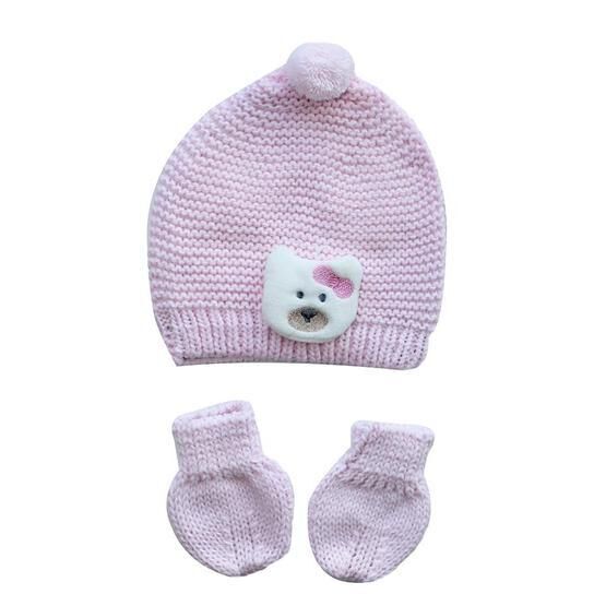 Bebegen Triko Pembe Ayıcıklı Eldiven Bere Set