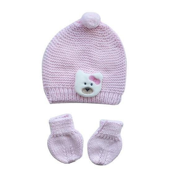 Bebegen Triko Pembe Ayıcıklı Eldiven Bere Set
