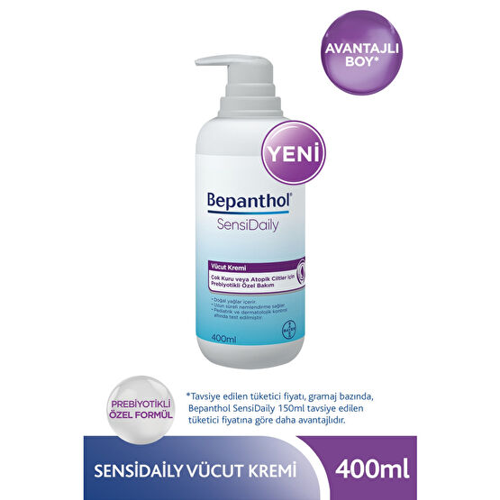 Bepanthol Sensidaily Pompalı Vücut Kremi 400 ml l Çok Kuru veya Atopik Ciltler İçin Prebiyotikli Özel Formül Vücut Losyonu ve Nemlendiricileri Fiyatı