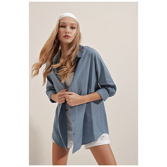 Bigdart 3900 Oversize Uzun Basic Gömlek - Indigo 38 Beden Kadın Gömlek Fiyatı