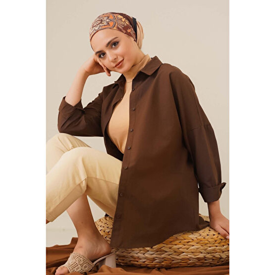 bigmerter 103901 Oversize Basic Tesettür Gömlek - Kahverengi 42 Beden