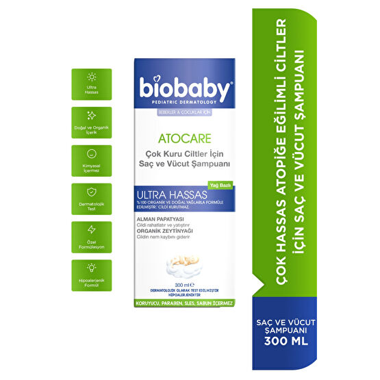 Biobaby Atocare Çok Kuru Ciltler İçin Saç Ve Vücut Şampuanı 300 ml - Organik Zeytin Yağı Alman Papatyası
