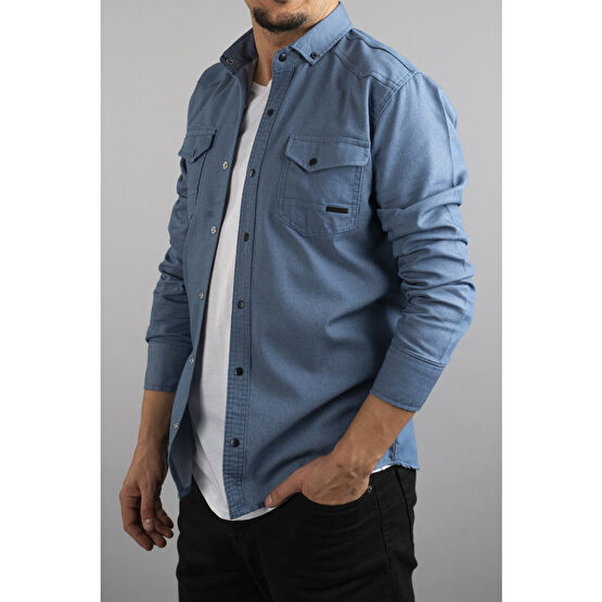 bombe Slim Fit Erkek Kot Gömlek Buz Mavisi XL Beden