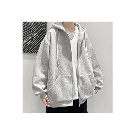 BROODs Düz Gri Unisex Oversize (2 İPLİK) Mevsımlık Hırka XXL Beden