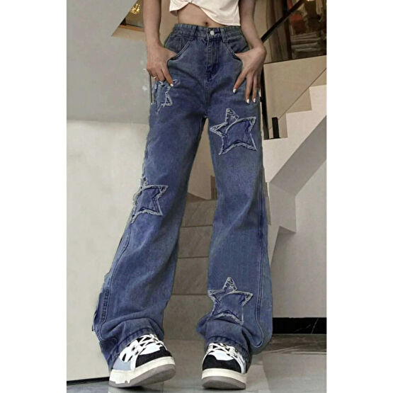 BROODs Y2K Mavi Stars Patch Detay Unisex Jeans XL Beden Kadın Pantolon Fiyatı