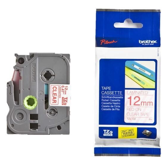 Brother Tze-132 12 mm Şeffaf Üzeri Kırmızı Laminasyonlu Etiket