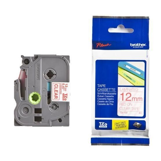 Brother Tze-132 12 mm Şeffaf Üzeri Kırmızı Laminasyonlu Etiket