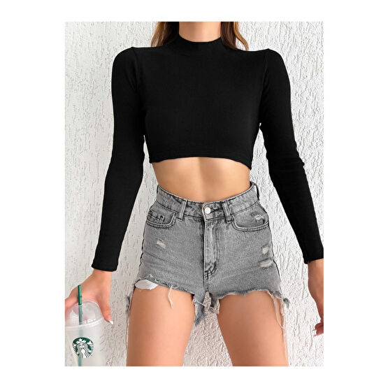 By Gecce Balıkçı Yaka Uzun Kollu Kaşkorse Fitted/slim Crop L Beden