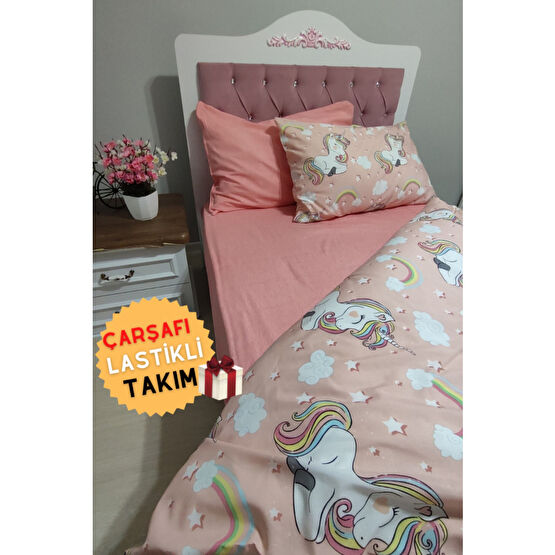 CANDAN ÇEYİZ Kız Çocuk Unicorn 4 Parça Lastikli Çarşaflı Tek Kişilik (100X200 CM) Nevresim Takımı Nevresim Takımı Fiyatı