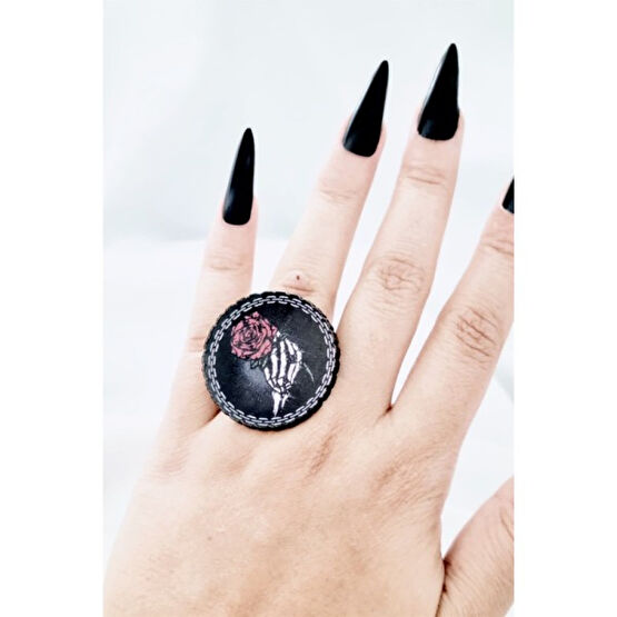 Carpe Gothic Skeleton Hand Rose Yüzük - Beyaz - Sarı - S / M Bijuteri Yüzük Fiyatı