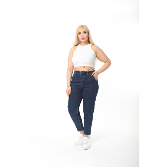 CEDY DENIM Kadın Lacivert Büyük Beden Pileli Mom Jean Pantolon 50 Beden