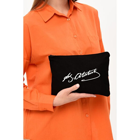 Çınar Bez Çanta Clutch Atatürk Baskılı Siyah Kanvas Makyaj Çantası Makyaj Çantası Fiyatı