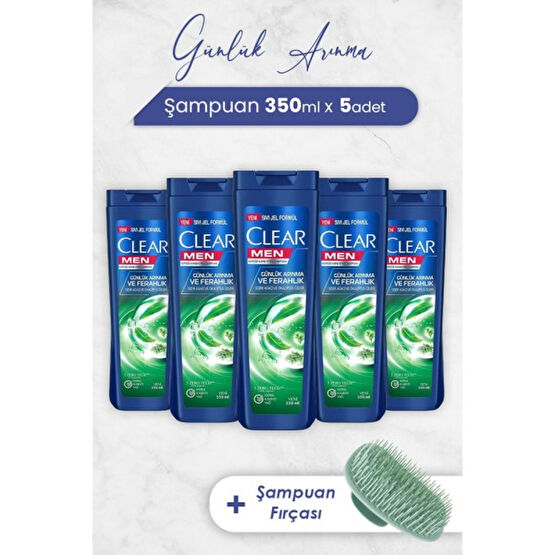 Clear Men Şampuan Günlük Arınma ve Ferahlık 350 ml x 5 Adet ve Şampuan Fırçası Şampuan ve Saç Kremi Fiyatı