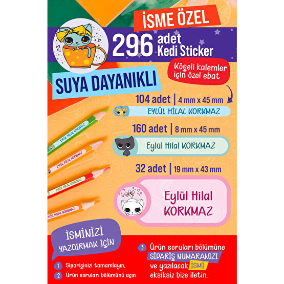 colortouch 296 ADET Kedi Serisi Okul Etiketi Kalem Etiketi Defter Etiketi Kişiye Özel İsim Yazılabilen Etiket Etiket Fiyatı